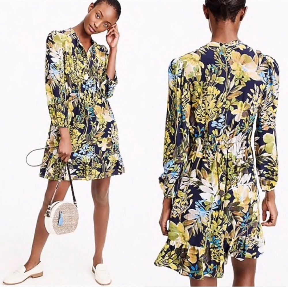 J. Crew Green Silk Watercolor Floral Ruffle mini dress preowned XS